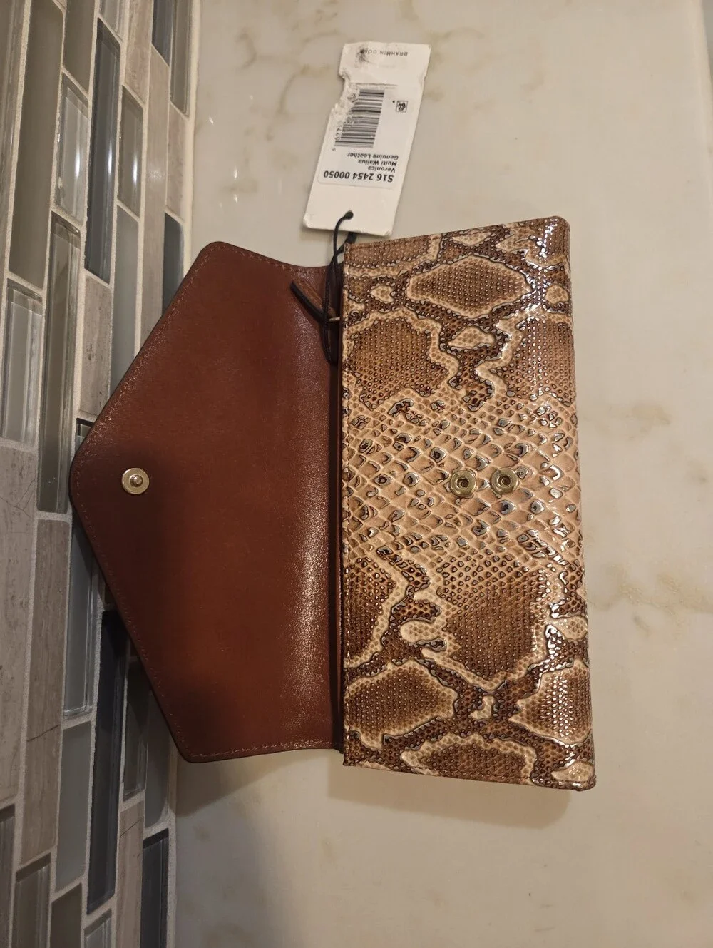 Brahmin Brown Leather and Snake-Print Envelope Clutch